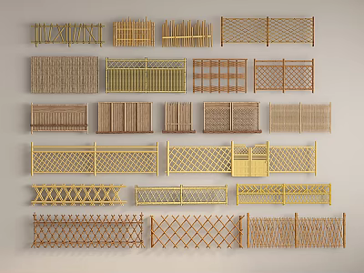 Various Types of Outdoor Fence Designs Including Wooden Bamboo and Lattice Panels 3d model