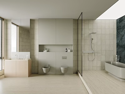Modern Bathroom Interior Design With Light Tiled Walls Cabinets Double Toilets And Bathtub 3d model