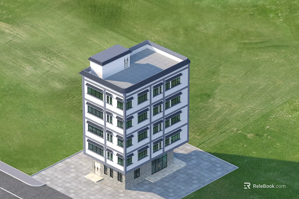 Modern Four Story Detached Villa With White Exterior Gray Roof And Green Lawn 3d model 