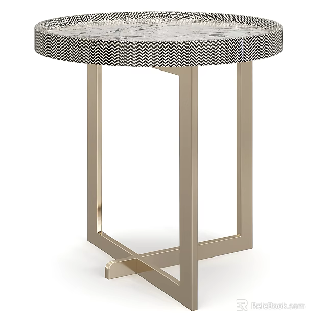 Modern Round Side Table With Black And White Geometric Pattern And Brass Metal Cross Legs 3d model 