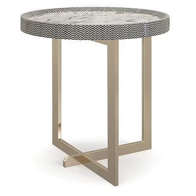 Modern Round Side Table With Black And White Geometric Pattern And Brass Metal Cross Legs 3d model