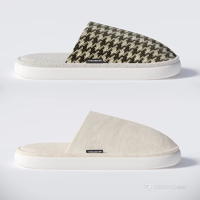 Cozy Plush Slippers With Houndstooth Pattern And Cream Color Design White Sole 3d model 