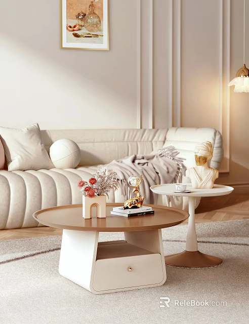 Stylish Coffee Table with Decorative Items Beige Sofa and Warm Lighting in Living Room 3d model 