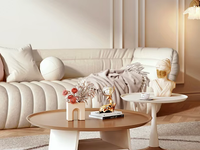 Stylish Coffee Table with Decorative Items Beige Sofa and Warm Lighting in Living Room 3d model