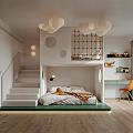 Modern Kids Room Interior Design With Loft Bed Staircase Pendant Lights Desk And Orange Chair