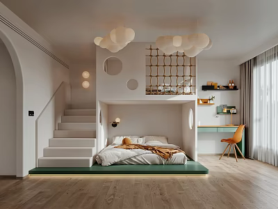 Modern Kids Room Interior Design With Loft Bed Staircase Pendant Lights Desk And Orange Chair 3d model