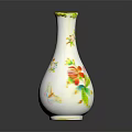 White Ceramic Vase With Colorful Floral And Bird Patterns Gold Rim On Reflective Dark Background