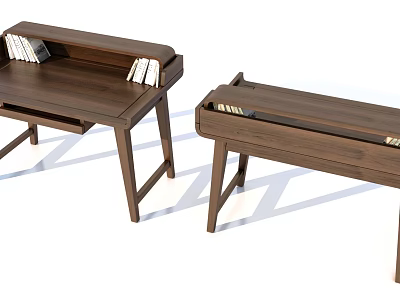 Simple Wooden Office Desk With Books Shelf Drawer And Modern Design 3d model