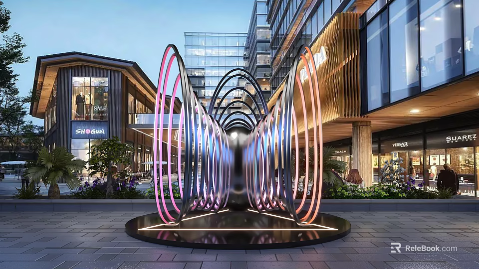 Illuminated Circular Ring Landscape Sculpture In Commercial Area Square With Modern Buildings And Greenery 3d model 