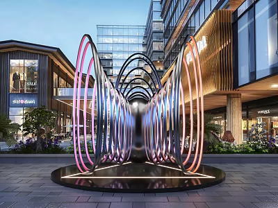 Illuminated Circular Ring Landscape Sculpture In Commercial Area Square With Modern Buildings And Greenery 3d model