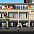 Modern Commercial Street With Pedestrians Outdoor Seating Billboards Palm Trees And High Rise Buildings