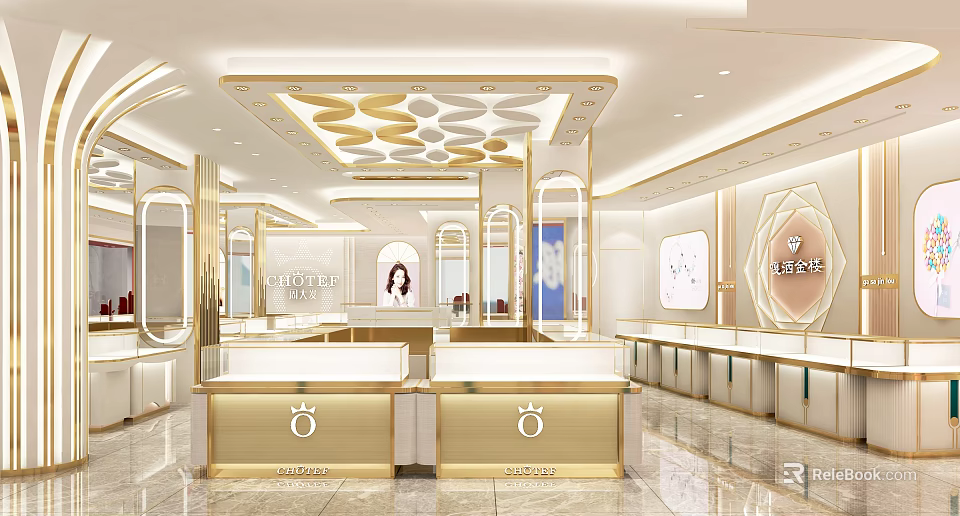 Luxurious Modern Jewelry Store Interior Design With Gold Display Cases And Lighting 3d model 