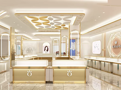 Luxurious Modern Jewelry Store Interior Design With Gold Display Cases And Lighting 3d model