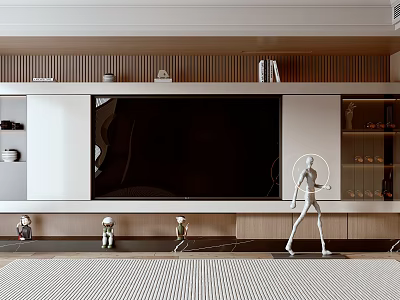 Modern TV Wall Design With Wooden Panels Storage Cabinets And Decorative Figurines 3d model