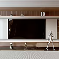 Modern TV Wall Design With Wooden Panels Storage Cabinets And Decorative Figurines