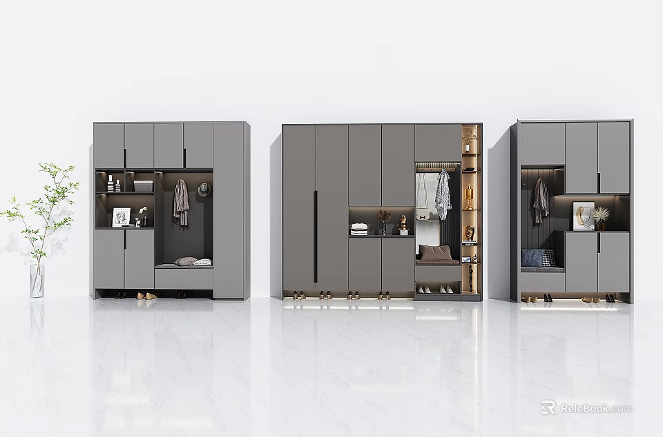 Three Modern Grey Shoe Cabinets Interior Design With Storage Hooks And Display Shelves 3d model