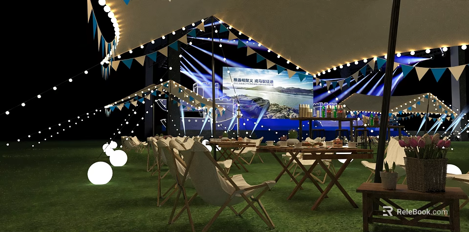 Garden Landscape with Grass Tables Chairs Canopy Banners String Lights and Projection Screen 3d model