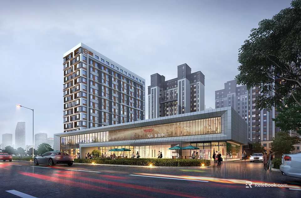 Modern Commercial Street With High Rise Buildings Glass Facades Pedestrians And Vehicles 3d model 