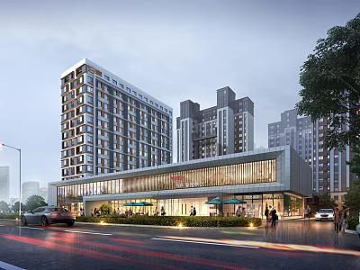 Modern Commercial Street With High Rise Buildings Glass Facades Pedestrians And Vehicles 3d model