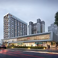 Modern Commercial Street With High Rise Buildings Glass Facades Pedestrians And Vehicles