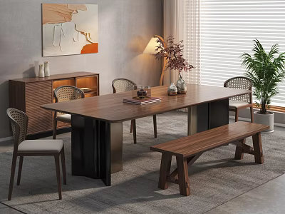 Modern Solid Wood Dining Table Set with Chairs and Bench in Interior Space 3d model
