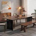 Modern Solid Wood Dining Table Set with Chairs and Bench in Interior Space 3d model