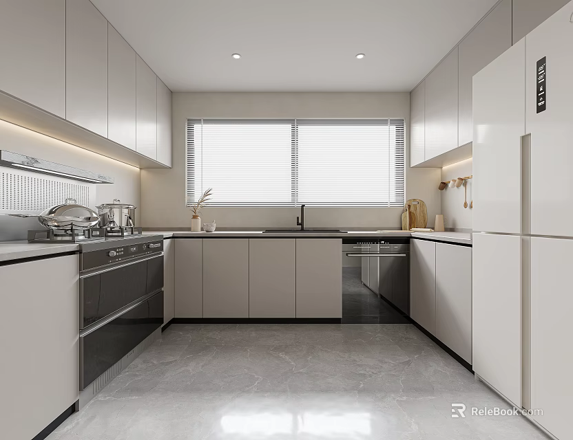 Modern Kitchen Interior With White Cabinets Marble Floor And Stainless Steel Appliances 3d model 