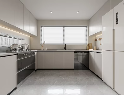 Modern Kitchen Interior With White Cabinets Marble Floor And Stainless Steel Appliances 3d model