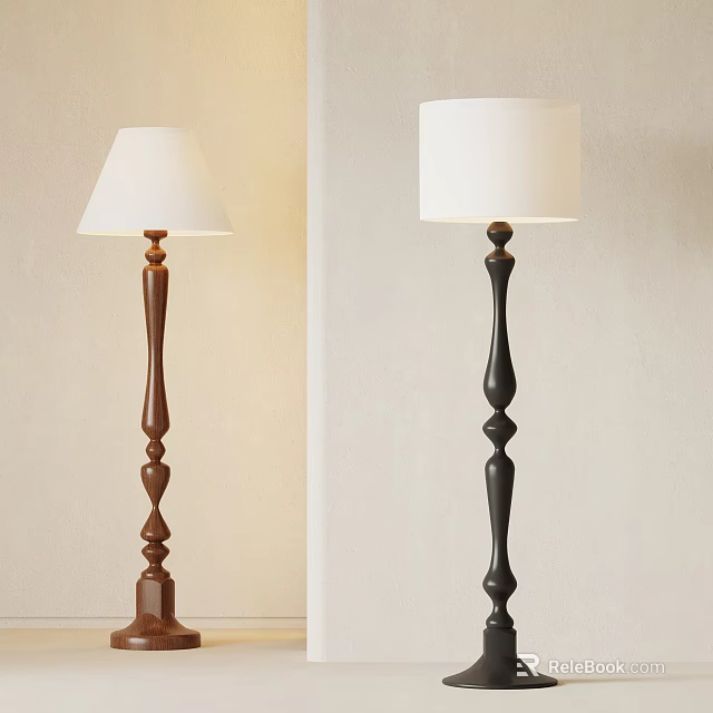 Brown And Black Floor Lamps With Curved Wooden Bases And White Shades 3d model 