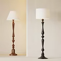 Brown And Black Floor Lamps With Curved Wooden Bases And White Shades