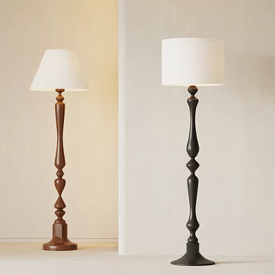 Brown And Black Floor Lamps With Curved Wooden Bases And White Shades 3d model