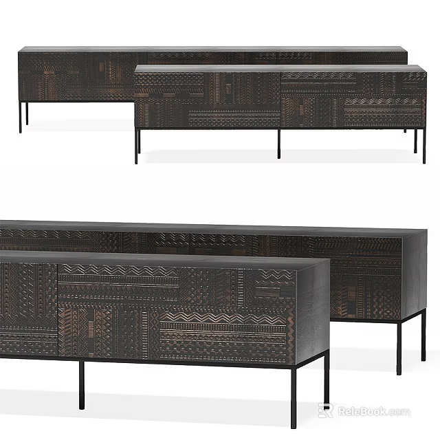 Modern TV Stand With Unique Pattern Dark Wood Finish Slim Black Legs And Storage Drawers 3d model 