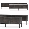 Modern TV Stand With Unique Pattern Dark Wood Finish Slim Black Legs And Storage Drawers