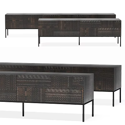 Modern TV Stand With Unique Pattern Dark Wood Finish Slim Black Legs And Storage Drawers 3d model