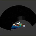 Cartoon Spaceship in Space with Earth Planets Satellites and Colorful Animated Elements