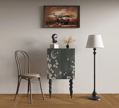 Dark Green Decorative Cabinet With Cherry Blossom Patterns Sculpture Vase And Floor Lamp 3d model