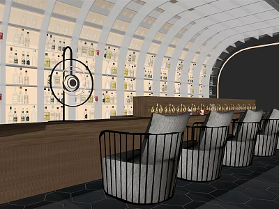 Stylish Bar Interior With Arched Shelves Bottles Bar Counter And Chairs 3d model