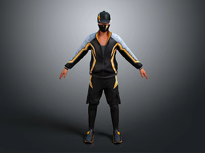 Man In Yellow And Black Striped Tracksuit With Cap And Mask Posing With Arms Outstretched 3d model