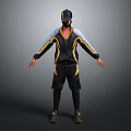 Man In Yellow And Black Striped Tracksuit With Cap And Mask Posing With Arms Outstretched