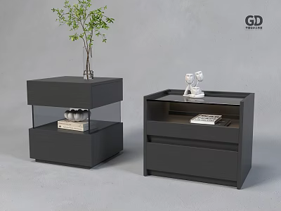 Modern Dark Gray Bedside Tables with Glass Shelf Drawers Vase Green Plant Decorative Figurine Books 3d model