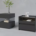 Modern Dark Gray Bedside Tables with Glass Shelf Drawers Vase Green Plant Decorative Figurine Books