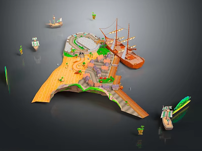 Scenic Wooden Island Landscape With Multiple Sailboats Lush Green Plants And Pathways 3d model