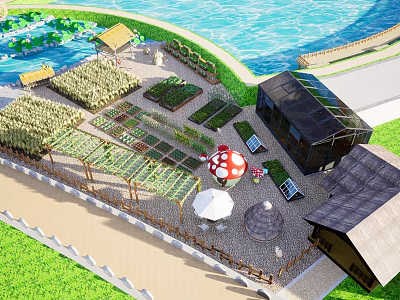 Peaceful Rural Scenery With Water Area Lush Vegetable Garden Mushroom Decor And Cozy Huts 3d model