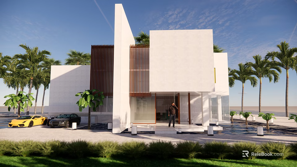 Modern Detached Villa With White Exterior Brown Wooden Accents Palm Trees And Front Lawn 3d model 