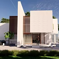 Modern Detached Villa With White Exterior Brown Wooden Accents Palm Trees And Front Lawn