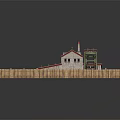 3D Model Scene of Wooden Fenced Sandy Area With Buildings And Mechanical Structure
