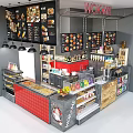 Vibrant Restaurant Interior With Hanging Menu Boards Red Tile Counter And Food Display Cases