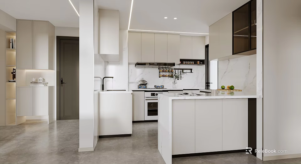 Modern Kitchen Interior Design With White Cabinets Island Counter And Appliances 3d model 