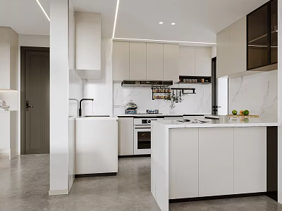 Modern Kitchen Interior Design With White Cabinets Island Counter And Appliances 3d model