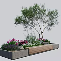 Outdoor Wooden Bench With Garden Plants Purple Pink Flowers And Tree